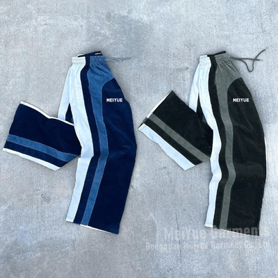 Custom Logo Joggers Color Blocking Factory Drawstring Waist Pants Men Cotton Baggy Wide Leg Oveersized Corduroy Sweatpants