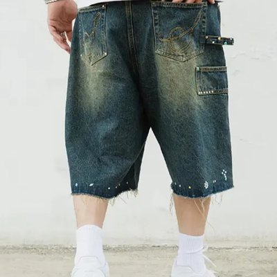 Custom Distressed Men's Baggy Denim Jorts Vintage Distressed Washed High Waist Rhinestones Skate Shorts High Heavy Quality Jorts