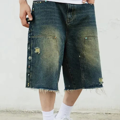 Custom Distressed Men's Baggy Denim Jorts Vintage Distressed Washed High Waist Rhinestones Skate Shorts High Heavy Quality Jorts