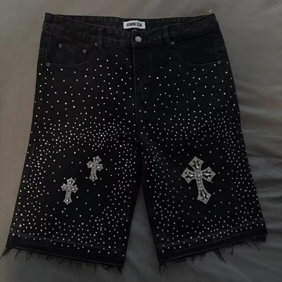 Custom Slim Jeans Summer Vintage Street Wear Heavyweight Denim Shorts Manufacturers Men's Baggy Denim Shorts Rhinestone Jorts