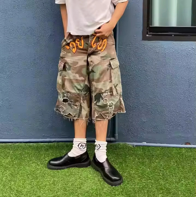 Custom Manufacturer Streetwear Cut Edge Dtg Print Baggy Oversized Ripped Distressed Camouflage Camo Cargo Shorts for Men