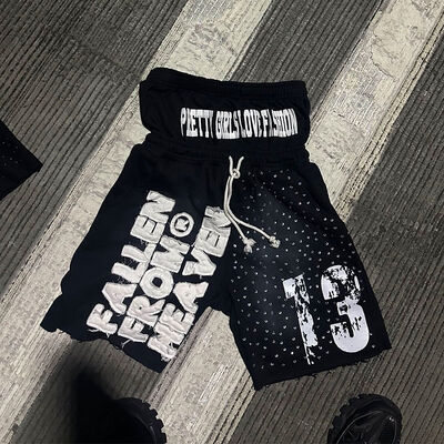 kaufen Custom Strass-Shorts Doppel-Taille Applique gestickte Patch-Straßenhosen Streitkrampfadern Roh-Hem-Shorts Sweatpants für Männer Online-Herstellung