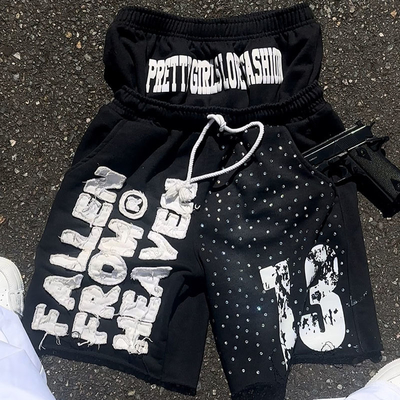 Custom Rhinestone Shorts Double Waist Applique Embroidered Patch Street Pants Distressed Raw Hem Shorts Sweatpants for Men