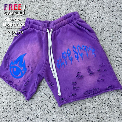 Custom Shorts Summer Puff Print logo Shorts Acid Washed Rips Distressed Cut Edge Vintage Streetwear Casual Raw Hem Shorts Men