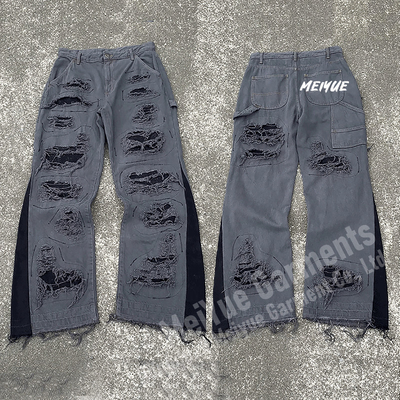 Custom Mens Joggers Wide Leg Flared Baggy Distressed Stacked Sweatpants Men Casual Sweat Cargo Holey Pants Trousers for Men