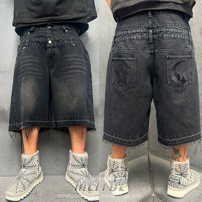 comprar Jogador personalizado bordado de camada dupla logotipo de sete pontos roupas de rua aflita preto ácido lavado jeans jeans shorts para homens Fabricação em linha