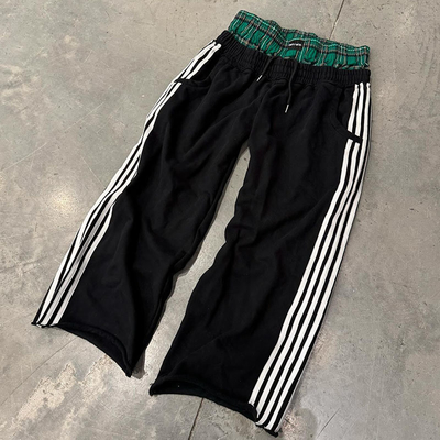 Custom Embroidery Logo Acid Wash Loose Trousers Wide Leg Faded French Terry Distressed Washed Double Waist Straight Sweatpants