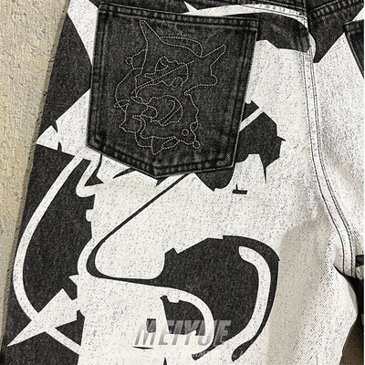 Custom Jogger Puff Print Applique Embroidery Raw Hem Logo Streetwear Baggy Distressed Black Washed Denim Jeans Shorts for Men