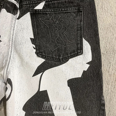 Custom Jogger Puff Print Applique Embroidery Raw Hem Logo Streetwear Baggy Distressed Black Washed Denim Jeans Shorts for Men