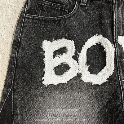 Custom Applique Embroidery Mens Raw Hem Denim Shorts Baggy Denim Shorts Antistatic