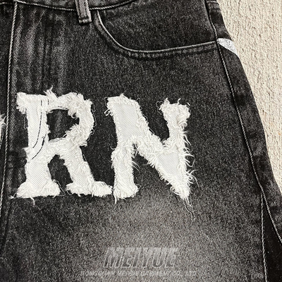 Custom Applique Embroidery Mens Raw Hem Denim Shorts Baggy Denim Shorts Antistatic