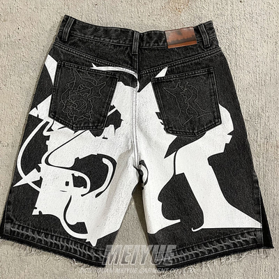 Custom Applique Embroidery Mens Raw Hem Denim Shorts Baggy Denim Shorts Antistatic