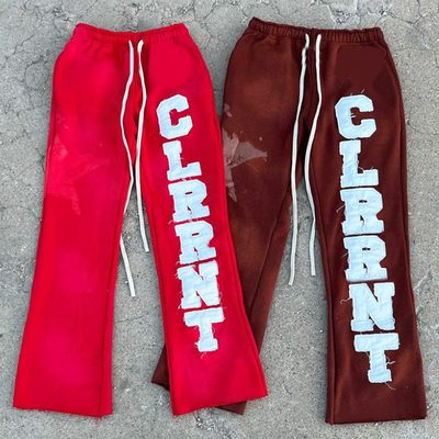 Custom Logo Bulk Applique Graphic Embroidered Patches Stacked Flare Sweat Pants Acid Wash Mens Jogger Flared Cargo Pants