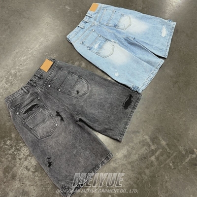 Custom Embroidery Raw Hem Patches Logo High Quality Streetwear Baggy Distressed Black Washed Denim Jeans Shorts for Men