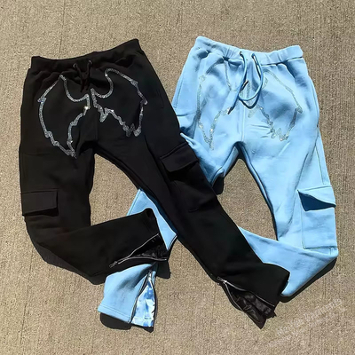Custom Jogger Graphic Rhinestone Sweatpants Flared Running Training Jogging Stacked Pocket Side Zipper Stripe Sweat Cargo Pant