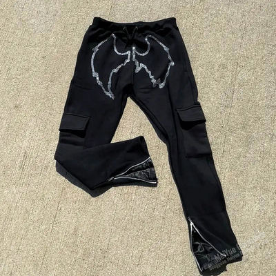 Custom Jogger Graphic Rhinestone Sweatpants Flared Running Training Jogging Stacked Pocket Side Zipper Stripe Sweat Cargo Pant