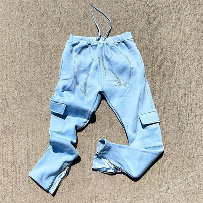 Custom Jogger Graphic Rhinestone Sweatpants Flared Running Training Jogging Stacked Pocket Side Zipper Stripe Sweat Cargo Pant