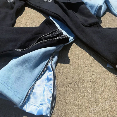 Custom Jogger Graphic Rhinestone Sweatpants Flared Running Training Jogging Stacked Pocket Side Zipper Stripe Sweat Cargo Pant