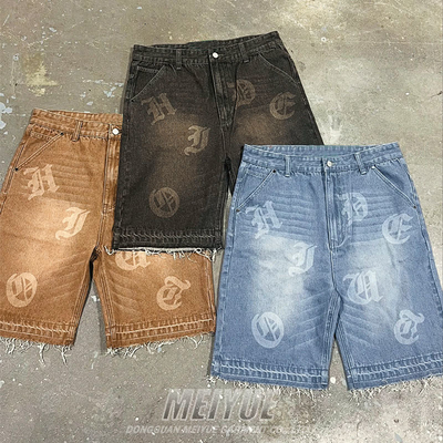 Custom Denim Print Logo Streetwear Raw Hem Cut Edge Jorts Jogger Sweat Cotton Fleece Distressed Streetwear Acid Wash Shorts