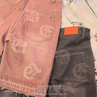 Custom Denim Print Logo Streetwear Raw Hem Cut Edge Jorts Jogger Sweat Cotton Fleece Distressed Streetwear Acid Wash Shorts