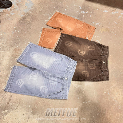 Custom Denim Print Logo Streetwear Raw Hem Cut Edge Jorts Jogger Sweat Cotton Fleece Distressed Streetwear Acid Wash Shorts