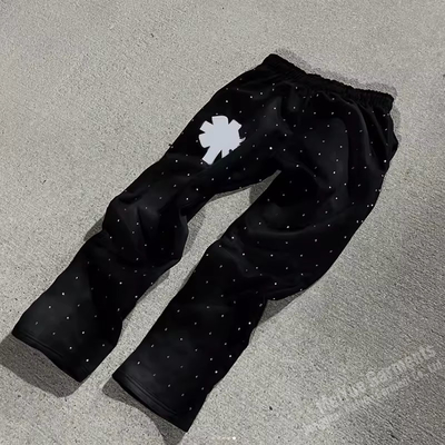 Custom Jogger Graphic Rhinestone Sweatpants Flared Running Training Jogging Stacked Pocket Sweat Cargo Loose Pant Hoodie Set