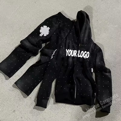 Custom Jogger Graphic Rhinestone Sweatpants Flared Running Training Jogging Stacked Pocket Sweat Cargo Loose Pant Hoodie Set