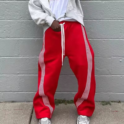 Custom Logo Jogger Graphic Embroidered Patches Webbing Trimmed Wide Leg Design Track Pants Oversized Nylon Flared Sweatpants