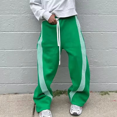 Custom Logo Jogger Graphic Embroidered Patches Webbing Trimmed Wide Leg Design Track Pants Oversized Nylon Flared Sweatpants