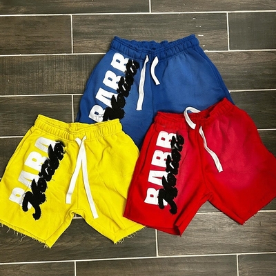 Custom Applique Embroidered Patches Distressed Heavyweight Sun Faded Streetwear Jogging Acid Wash Vintage Raw Hem Men's Shorts