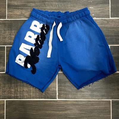 Custom Applique Embroidered Patches Distressed Heavyweight Sun Faded Streetwear Jogging Acid Wash Vintage Raw Hem Men's Shorts