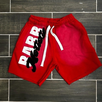 Custom Applique Embroidered Patches Distressed Heavyweight Sun Faded Streetwear Jogging Acid Wash Vintage Raw Hem Men's Shorts