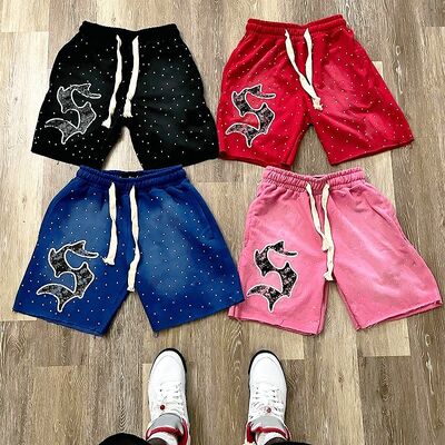 Beli Custom Rhinestone Screen Print Logo Pocket Acid Wash Celana pendek pria vintage Sweat Cotton Celana pendek Perancis Jogging Cotton Celana pendek pembuatan online