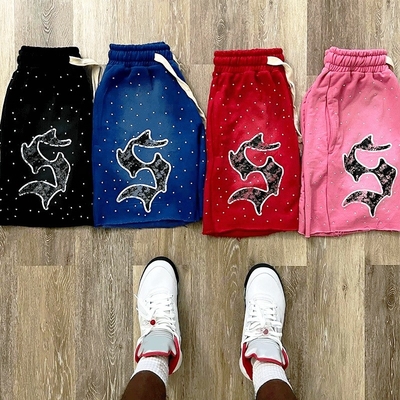 Custom Rhinestone Screen Print Logo Pocket Acid Wash Vintage Men's Shorts Sweat Cotton French Shorts Jogging Cotton Shorts
