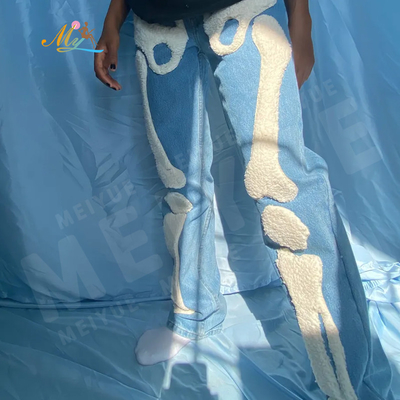 OEM New Designed Custom Bone Chenille Embroidery  Men Jeans Pants Casual Blue Sweatpants Pantalones De Hombre Jeans