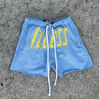 Custom Logo Silk Screen Print Streetwear Vintage Cotton French Terry Patch Embroidery With Drawstring Acid Wash Men's Shorts