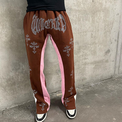 satın al Kişisel Rhinestone Logo Yüksek Kaliteli Fransız Terry Sokak Giysileri Rastgele Yığılmış Kargo Puff Baskı Genişletilmiş Spor pantolonları Popüler Çevrimiçi üretim