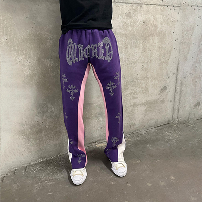 Custom Rhinestone Logo High Quality French Terry Streetwear Casual Stacked Cargo Puff Print Flared Sweatpants Popular