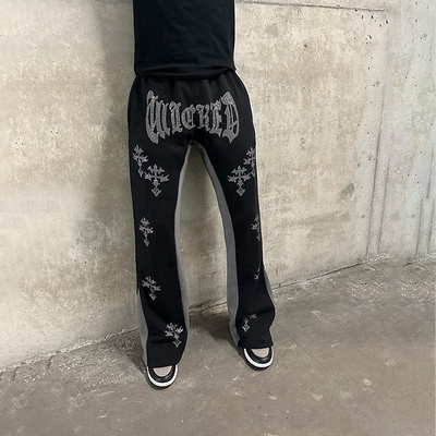 Custom Rhinestone Logo High Quality French Terry Streetwear Casual Stacked Cargo Puff Print Flared Sweatpants Popular