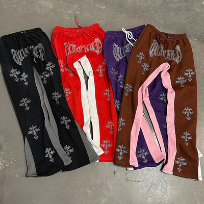 Custom Rhinestone Logo High Quality French Terry Streetwear Casual Stacked Cargo Puff Print Flared Sweatpants Popular