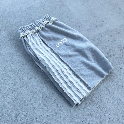 Custom Print Embroidery Logo Distressed Stripe Raw Hem Vintage Men's Shorts French Terry Cotton Jogging Shorts