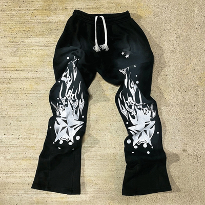 Custom Screen Dtg Print Stacked Flared Joggers Sweat Pants Men Applique Embroidery Stitching Patches Acid Wash Jogger Sweatpants