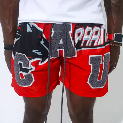 Beli Custom Chenille Bordir Logo Grosir Strip Fitness Pakaian Gym Sport Wear Mesh Workout Shorts Sampel Gratis untuk Pria pembuatan online