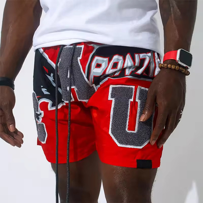 Custom Chenille Embroidered Logo Wholesale Stripe Fitness Clothing Gym Sport Wear Mesh Workout Shorts Free Sample for Men