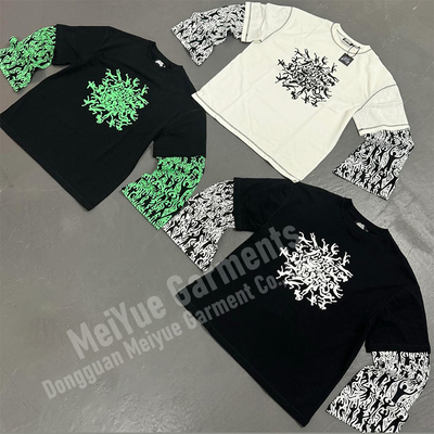 Custom Streetwear Screen Print Tshirts Patchwork Tee Long Sleeve Unisex Double Layer T Shirt Oversized Layered Cotton T-shirt