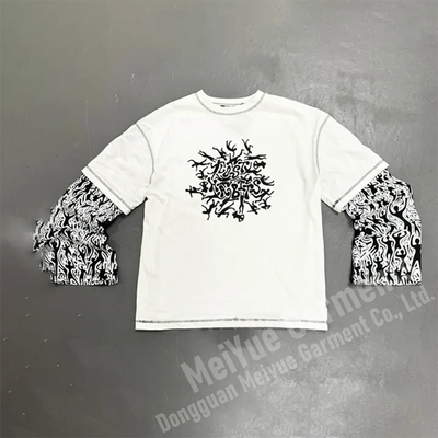 Custom Streetwear Screen Print Tshirts Patchwork Tee Long Sleeve Unisex Double Layer T Shirt Oversized Layered Cotton T-shirt