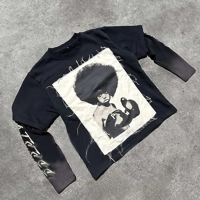 Custom Streetwear Screen Print Tshirts Patchwork Tee Long Sleeve Unisex Double Layer T Shirt Oversized Layered Cotton T-shirt