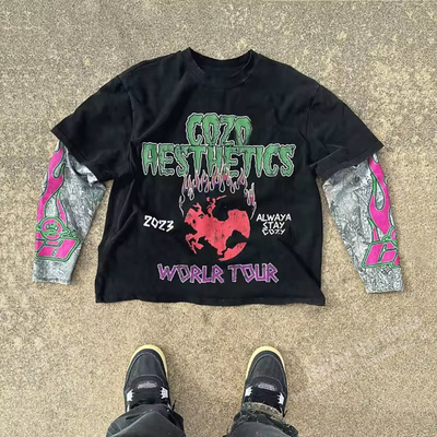 Custom Print Logo Graphic Tee Top Screen Printed Heavy Cotton Double Layer Streetwear Vintage Long Sleeve T-shirts for Men