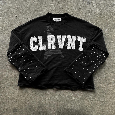 Custom Sweatshirt Rhinestone Distressed Unisex Embroidered Long Sleeve Double Layered Oversized T Shirt Heavyweight for Men