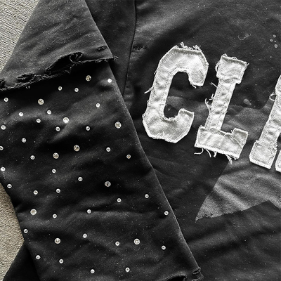 Custom Sweatshirt Rhinestone Distressed Unisex Embroidered Long Sleeve Double Layered Oversized T Shirt Heavyweight for Men